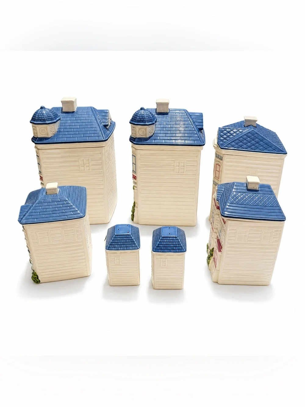 Vintage 1988 Hearth & Home Ceramic House Canister Set Blue Pink 7 Piece Kitchen